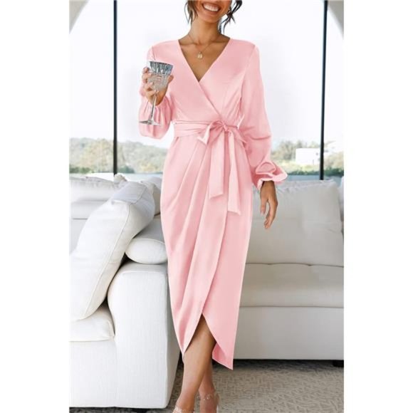 Women's Elegant V Neck Dress & Pink Satin Long Sleeve Midi Dress - Picture 4 of 6